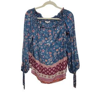 Beach Lunch Lounge Boho Top Large Scoop Neck Bardot Tie Cuff 492